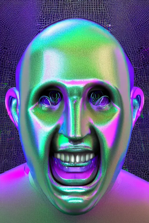 Image similar to 3d render of holographic angry human robotic screaming angry bust made of glossy iridescent, screaming, bust, surrealistic 3d illustration of a human non-binary, non binary model, 3d model human, cryengine, made of holographic texture, holographic material, holographic rainbow, concept of cyborg and artificial intelligence