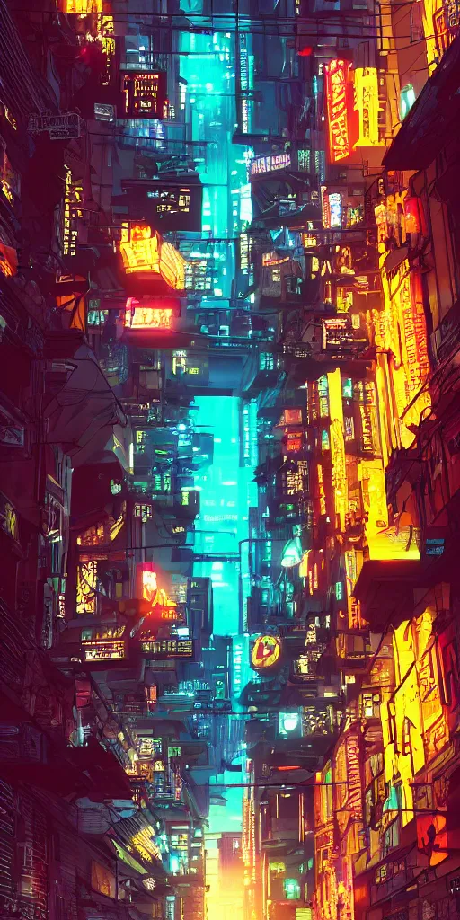 Image similar to wide! cyberpunk alley with a partial power outage, digital art, readable text, bold outlines, clean, cinematic camera, 8 k,