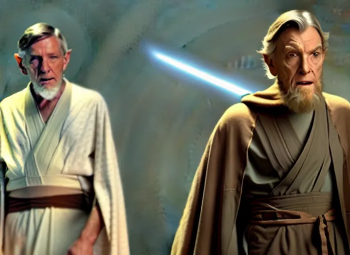 Image similar to young leonard nimoy as obi - wan kenobi, wearing a robe, in star wars : the force awakens ( 2 0 1 5 ). movie still