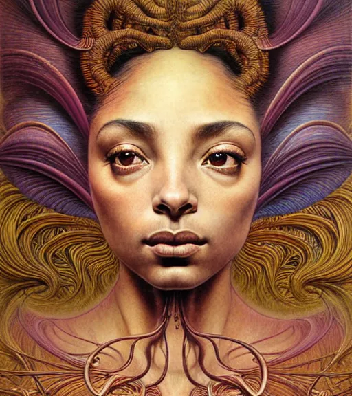 Prompt: detailed realistic beautiful young sade adu face portrait by jean delville, gustave dore and marco mazzoni, art nouveau, symbolist, visionary, baroque, intricate biomechanical fractal. horizontal symmetry by zdzisław beksinski, iris van herpen, raymond swanland and alphonse mucha. highly detailed, hyper - real, beautiful