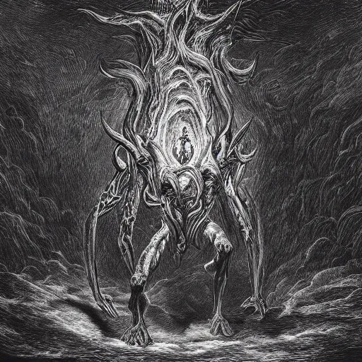 Image similar to full body of horned muscled humanoid beast, 3/4 view from below, engulfed in swirling flames, grayscale drawing by Gustave Dore and Anato Finnstark