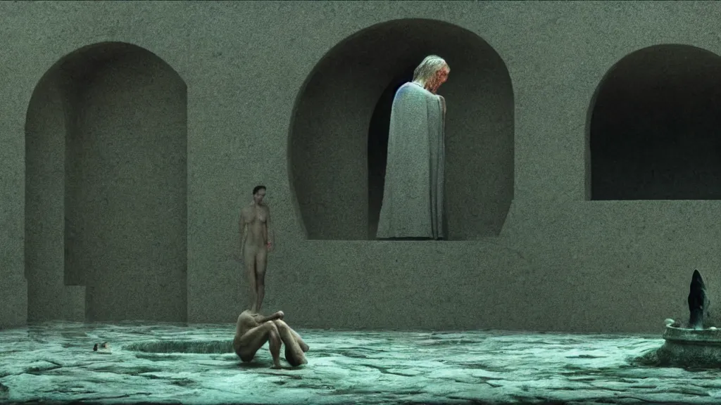 Image similar to lost my keys at the fountain of youth, film still from the movie directed by denis villeneuve and david cronenberg with art direction by salvador dali and zdzisław beksinski