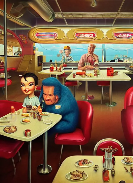 Image similar to highly detailed wide - angle portrait of a retro 1 9 6 0 s diner, nicoletta ceccoli, mark ryden, lostfish, earl nore, hyung tae, frank frazetta, global illumination, god rays, detailed and intricate environment