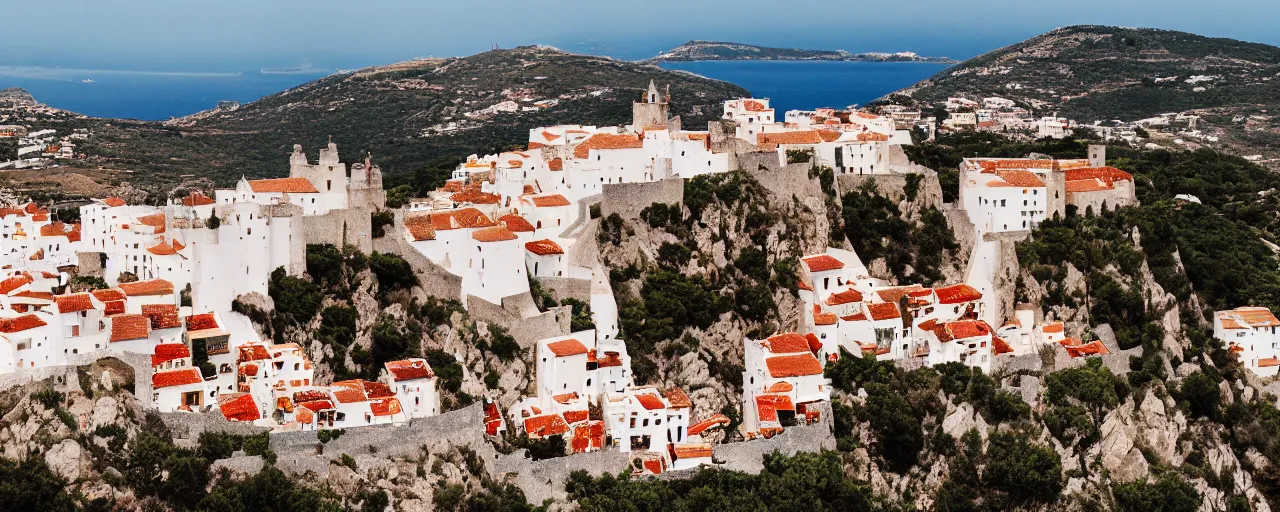 Prompt: 35mm photo of the Spanish castle of Salobrena on the top of a large rocky hill overlooking a white Mediterranean town, white buildings with red roofs, ocean and sky by Gregory Crewdson