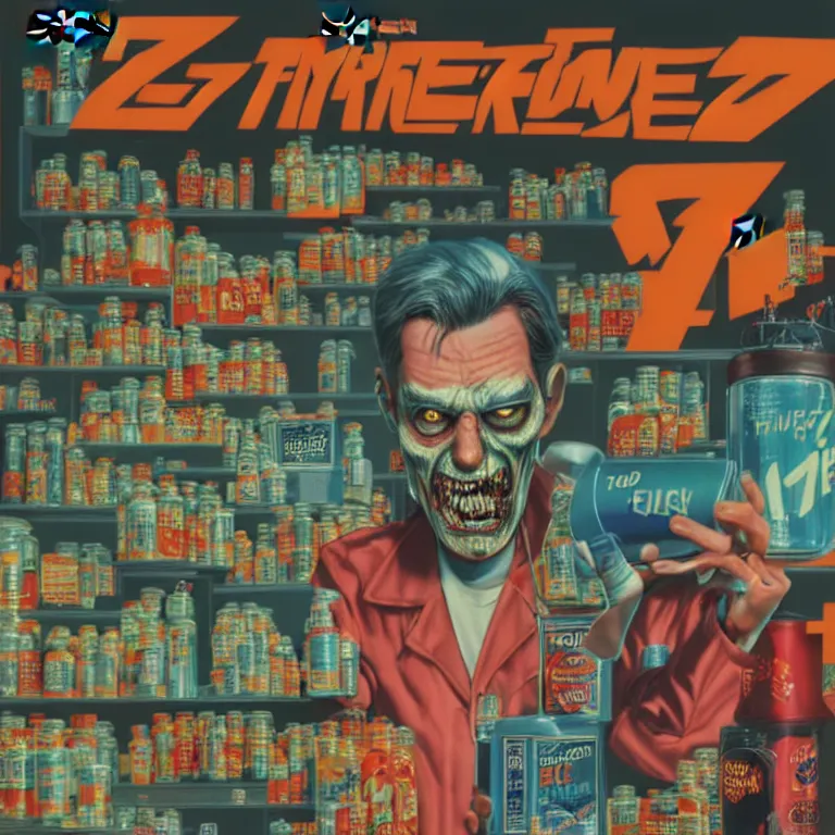 Image similar to hyperdetailed cyber fun 70's poster painting in a color style of 70's black poster art of an a crazy pharmacist zombie holding a giant jar of pills, epic scale ultrawide angle, 3D rendered, Vray rendered, octane render, unreal engine