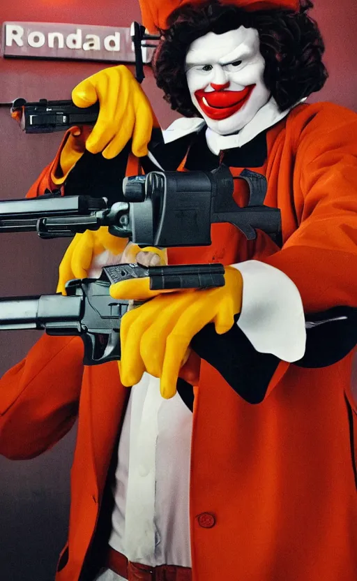 Prompt: a incredible photo of ronald mcdonald robbing a bank with a gun. award winning. very high quality. hq. hd.