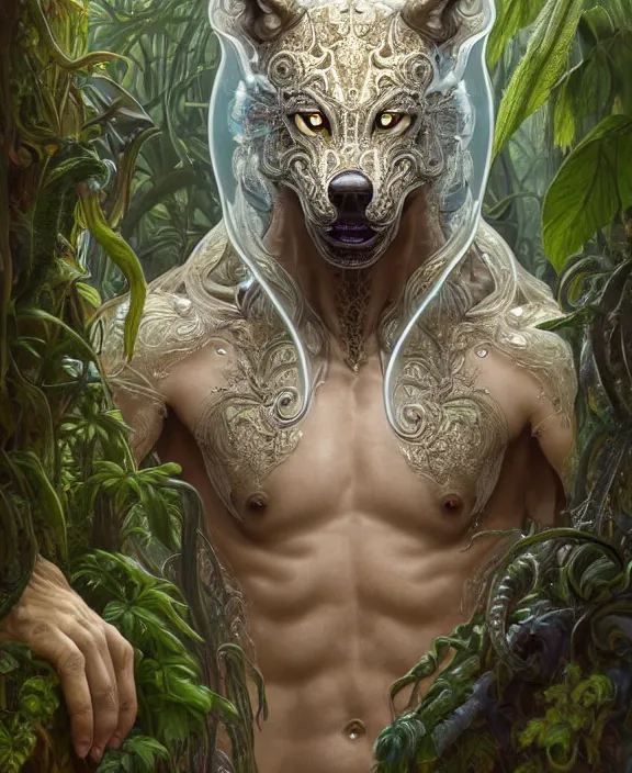 Image similar to intricate ornate opulent transparent clear see - through portrait of a terrifying beautiful male alien wolf, mottled coloring, adorable, childlike, overgrown jungle environment, ultra realistic, concept art, art nouveau, photorealistic, octane render, 8 k, unreal engine. art by christopher marley and artgerm and greg rutkowski and alphonse mucha