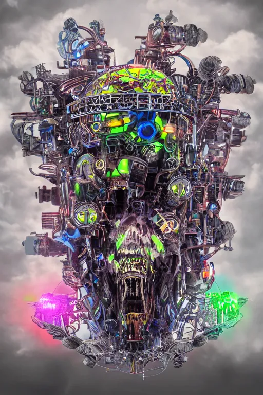 Image similar to a band shirt, tshirt, bandname is tripmachine, tourname is invasion of the tripmachines, realistic digital art, 3 d render of a huge futuristic steampunk generator, 8 k, fluorescent colors, halluzinogenic, multicolored, exaggerated detailed, unreal engine