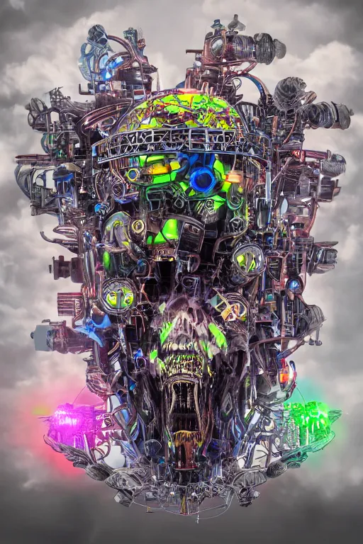 Prompt: a band shirt, tshirt, bandname is tripmachine, tourname is invasion of the tripmachines, realistic digital art, 3 d render of a huge futuristic steampunk generator, 8 k, fluorescent colors, halluzinogenic, multicolored, exaggerated detailed, unreal engine