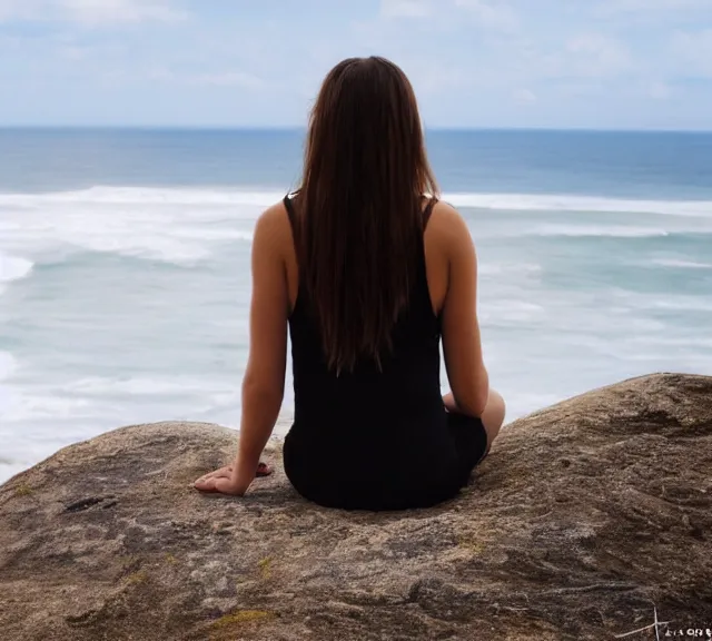 Image similar to a 4 k photorealistic photo of a girl sitting on a cliff overlooking a beach