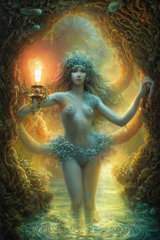 Image similar to a stunning ultra detailed underwater fantasy illustration of a goddess holding a glowing lamp, overgrown with colorful coral, by tomasz alen kopera and tom bagshaw, water bubbles, very detailed, deep depth of field, 5 0 mm lens, soft lighting, artstation, highly coherent, 8 k