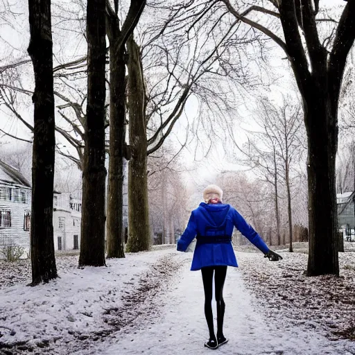 Image similar to 19-year-old Aristocratic platinum-blonde-haired hime-cut blue-eyed French empress wearing white leggings and black jacket, walking down sidewalk, winter trees, dead trees, mill, abandoned mill, drones, HD photograph