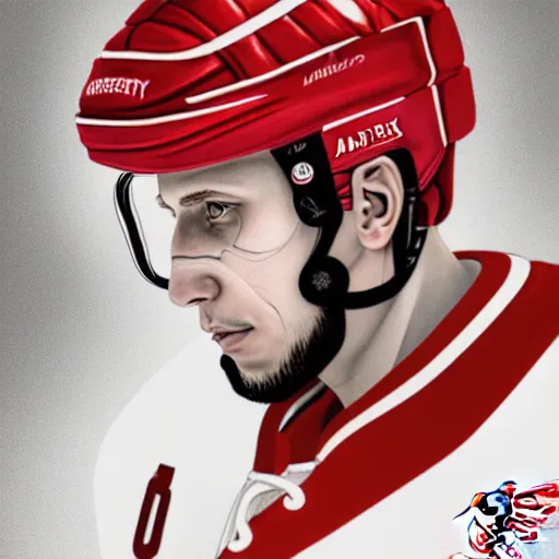 Prompt: Portrait of Red Wings hockey player Igor Larionov, fantasy, intricate, elegant, highly detailed, digital painting, artstation, concept art, smooth, sharp focus, luxury fashion illustration, art by artgerm and greg rutkowski and alphonse mucha, brightly lit cinematic soft lighting, photorealistic