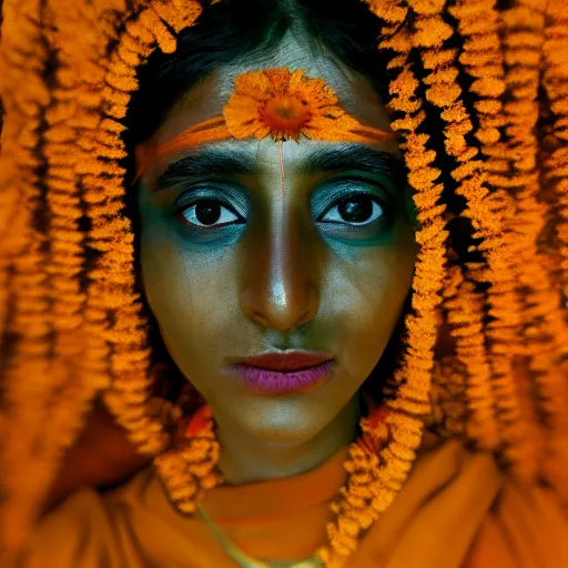 Image similar to realistic expired kodak film portrait of strange india woman cosmic mix, marigold celestial vibe, hyperrealism, hypermaxiymalism, photorealistic, detailed, atmospheric, 8 k, award winning photography, cinematic