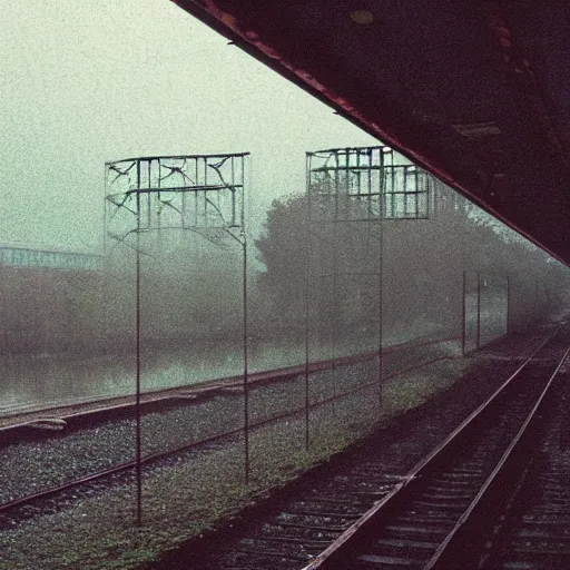 Image similar to 1990s perfect 8K HD professional cinematic photo of a train in dystopian world, at evening during rain, at instagram, Behance, Adobe Lightroom, with instagram filters, depth of field, taken with polaroid kodak portra