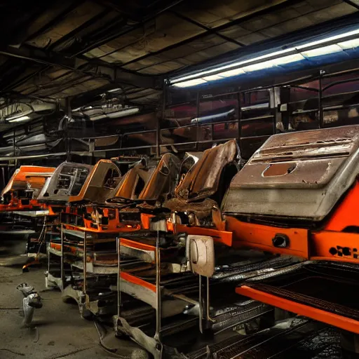 Image similar to rows of toaster oven mecha heads on conveyor belt, dark messy smoke - filled cluttered workshop, dark, dramatic lighting, orange tint, sparks, cinematic, highly detailed, sci - fi, futuristic, movie still