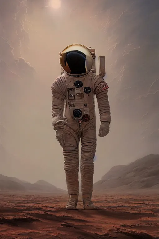 Prompt: a stunning ultra realistic fine art painting of an astronaut walking on Mars, by tom bagshaw, studio portrait, muted colors, detailed hair, 4K