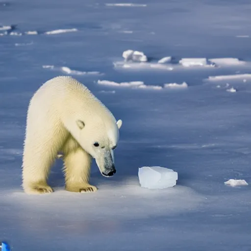 Prompt: A sad polar bear stranded on a small block of melting ice, award winning photography