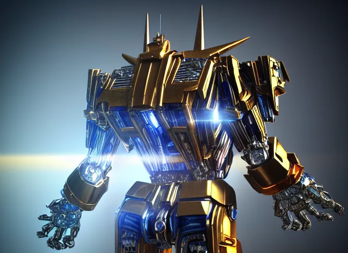 Prompt: optimus prime, white pearlescent, chrome, iridescent titanium, crystal, liquid gold, copper, bronze biomechanical, cinematic, crystalline masterpiece incrustations, hyperdetailed metalwork, in volumetric soft glowing mist, movie still, octane render, pixar, crepuscular rays,