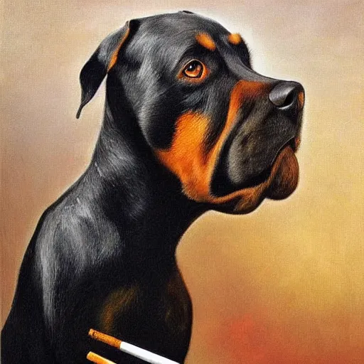 Prompt: oil painting by salvador dali of a rottweiler smoking a cigarette