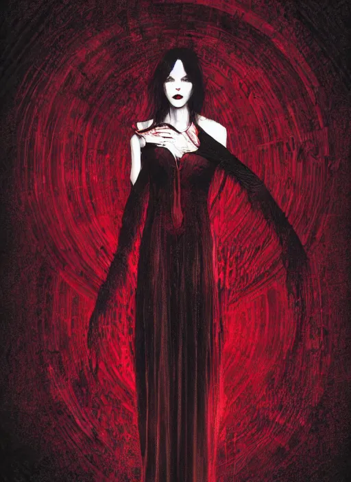 Image similar to dark design poster, realistic, portrait of a vampire woman in a long red dress, black background with very subtle red and purple design elements, powerful, nekro, vito acconci, thin straight lines, dark, glitch art, neo vaporwave, gritty, layout frame, square, extremly detailed, trending on artstation