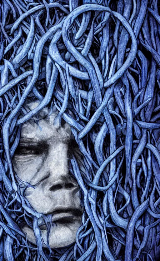 Image similar to blue vines in a dark cave forming a human face, creepy, extreme detail