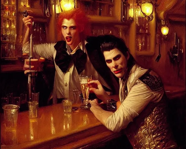 Image similar to attractive male vampire who is a russian immigrant in the new york city working as a bartender in a rock bar highly detailed painting by gaston bussiere, craig mullins, j. c. leyendecker 8 k