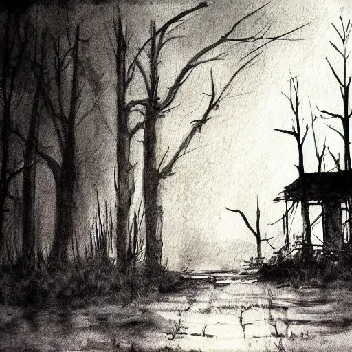 Prompt: hunt showdown burning chapel, dark, gritty, grim, bayou, watercolor