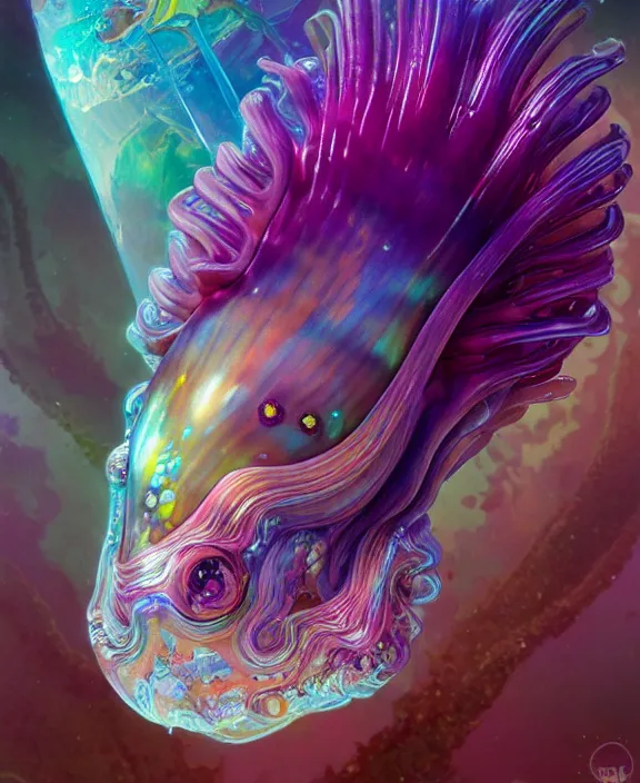 Image similar to colorful transparent portrait of a terrifying beautiful alien sea slug creature, mottled coloring, adorable, childlike, biopunk environment, ultra realistic, concept art, art nouveau, photorealistic, octane render, 8 k, unreal engine. art by christopher marley and artgerm and greg rutkowski and alphonse mucha