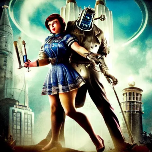 Image similar to movie poster for a live - action bioshock movie featuring a big daddy, andrew ryan, and little sister with the underwater city of rapture in the background