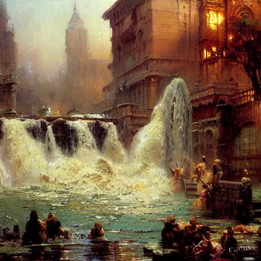 Image similar to waterfall flooding an entire city. victorian age. highly detailed painting by gaston bussiere, craig mullins, j. c. leyendecker