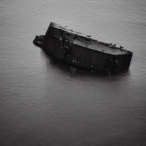 Image similar to airborne view, crashed cargo ship leaking mysterious black gooey liquid, mysterious black slime, black gooey liquid leaking out of crashed cargo ship, apocalyptic, ruined, container ship, crashed, 8 5 mm f / 1. 4