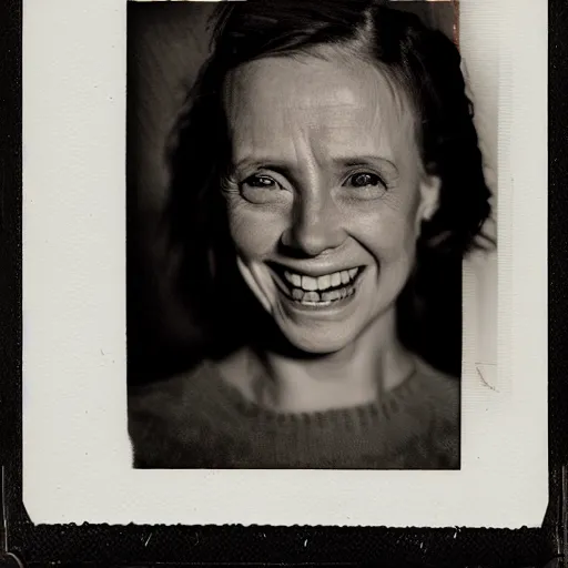 Prompt: portrait of smiling woman. hq photo, surreal, harsh lighting. polaroid type 6 0 0. fear. unnerving. menacing. supernatural. horror.