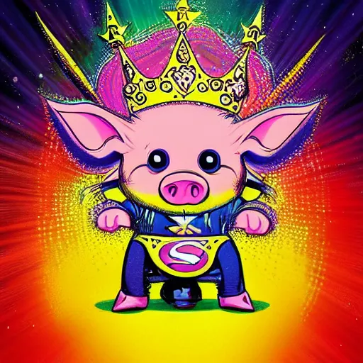 Image similar to lisa frank superhero pose pig wearing a gold crown throwing pop corn painting by android jones