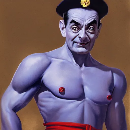 Image similar to ultra realistic full body painting of mr bean as m. bison from street fighter, art by frank frazetta, 4 k, ultra realistic, highly detailed, epic lighting