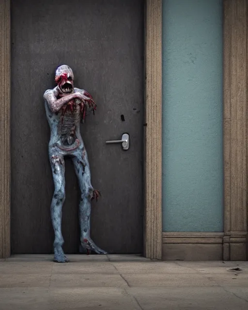 Prompt: zombie guarding a door, octane renderer, professional cgi