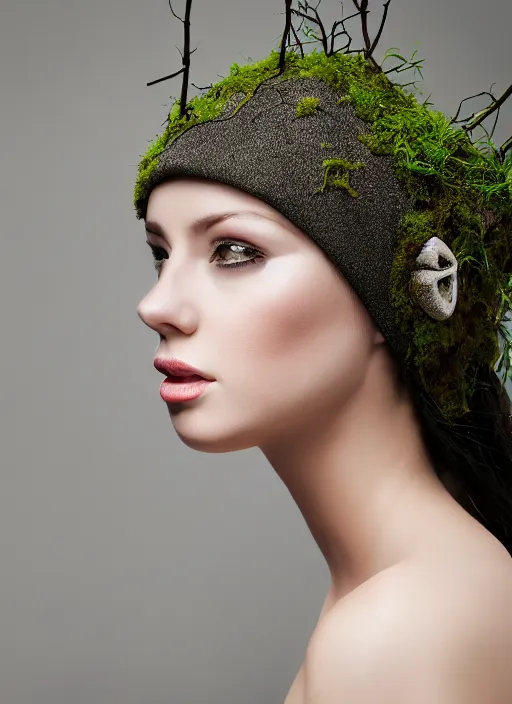 Image similar to a photo of a female model, orgnic headpiece, vines, horn, moss, fashion photography, realistic, hyperdetails, dark grey backdrop studio, moss and vine dress