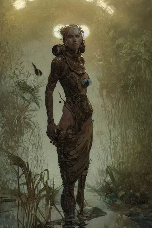 Image similar to a full body portrait of a beautiful post apocalyptic offworld neoicelandic biofarmer swimming by the fish pond, intricate, elegant, highly detailed, digital painting, artstation, concept art, smooth, sharp focus, illustration, art by krenz cushart and artem demura and alphonse mucha