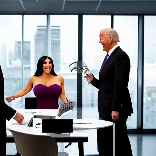 Image similar to stock photo of kim kardashian, and joe biden wearing suits and ties laughing in an office building, 8k resolution, full HD, cinematic lighting, award winning, anatomically correct