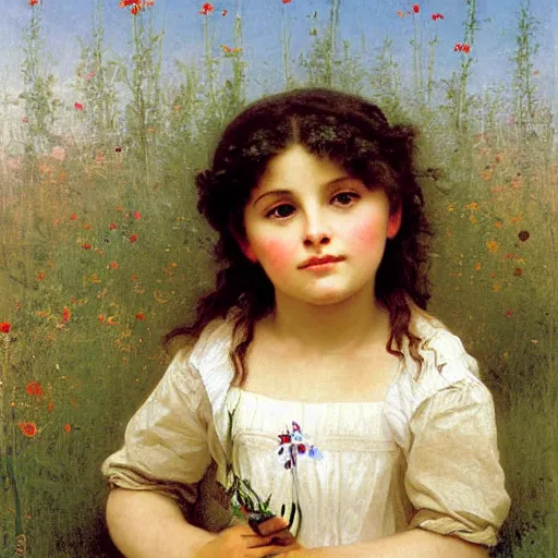 Prompt: a little girl with short wavy brown hair sitting in a field of wildflowers. beautiful painting by bouguereau.