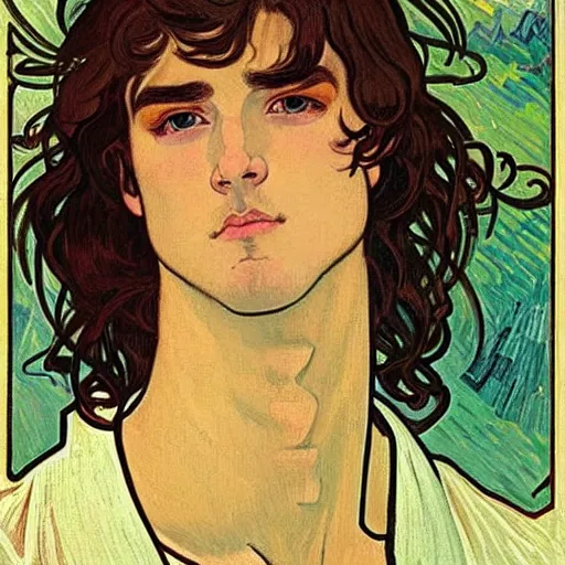 Image similar to portrait painting of young handsome beautiful paladin elf!! man with long! wavy dark hair and blue eyes in his 2 0 s named taehyung minjun james fighting a group of goblins, pale, wearing armor!, modest, elegant, cute, delicate, soft facial features, art by alphonse mucha, vincent van gogh, egon schiele,