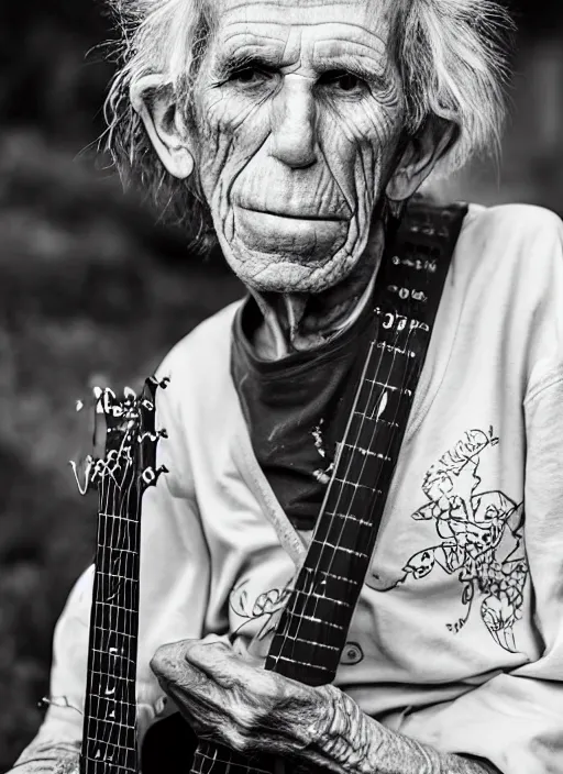 Image similar to DSLR photo portrait still of 132 year old age 132 Keith Richards at age 132!!!, 85mm f1.8