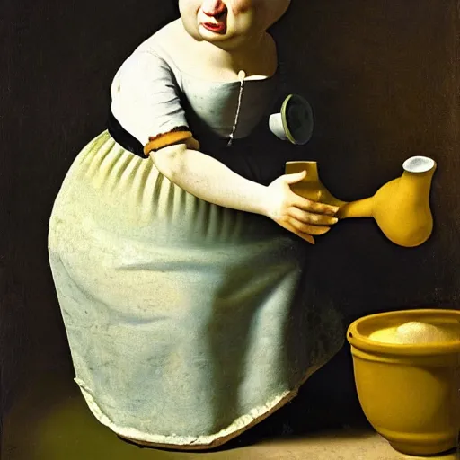 Prompt: pepe the frog dressed as a milkmaid pouring milk from a pot in a bowl, by johannes vermeer, pepe the frog, fat happy frog, green frog, the milkmaid, dramatic lighting, northern netherlands school of art, 1 6 6 0, oil on canvas