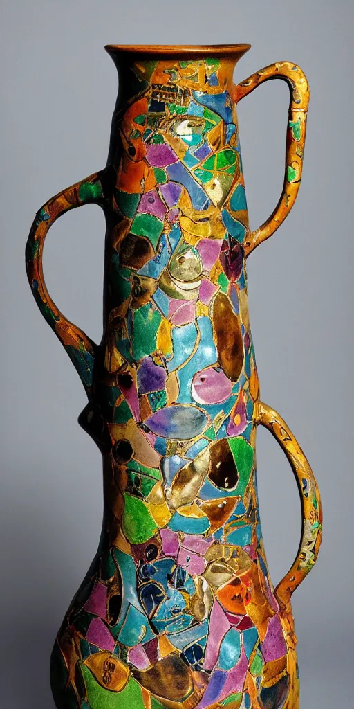 Prompt: Studio Photograph of Beautiful Handmade Ceramic Pitcher with a Fancy Gilded handle intricately carved with sgraffito cats by Paul Klee By Hans Bellmer by Georges Braque and covered with bird skulls, high contrast iridescent glaze Bright Intense Colors shocking detail hyperrealistic trending on artstation