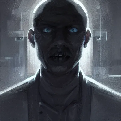 Image similar to Portrait of a man by Greg Rutkowski, symmetrical face, an young man with a VR Heaset above his eyes, Kubric Stare, cold, twisted and sinister smile, highly detailed portrait, scifi, digital painting, artstation, book cover, cyberpunk, concept art, smooth, sharp foccus ilustration, Artstation HQ