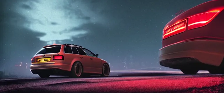 Image similar to Audi A4 B6 Avant (2002), a gritty neo-noir, dramatic bright lighting, cinematic, establishing shot, extremely high detail, photorealistic, cinematic lighting, artstation, by simon stalenhag, Palmont City canyon road, touge, At night