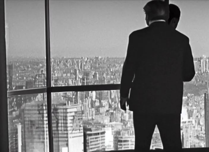 Image similar to screenshot cinematic wide shot from moody scene of Donald Trump pensive in trump tower apartment, from the film High and Low, 1963 directed by Akira Kurosawa, kodak film stock, black and white, anamorphic lens, 4K, detailed, stunning cinematography and composition shot by Takao Saito, 70mm