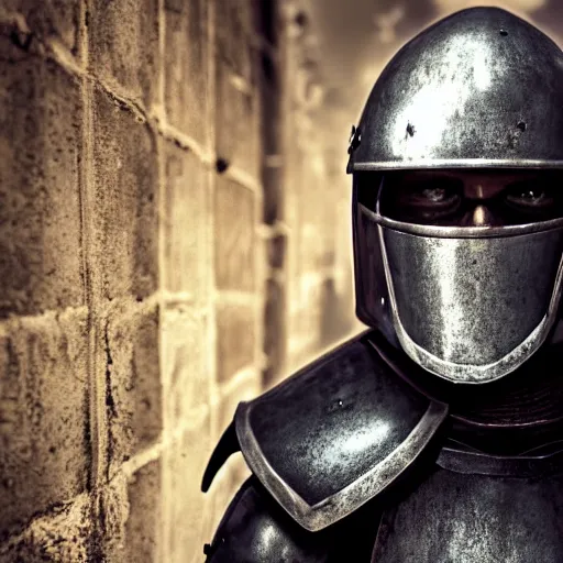 Image similar to Aging knight in black plate armor stands alone in empty alley, no helmet, grey hair, Dungeons and Dragons, character portrait, highly detailed