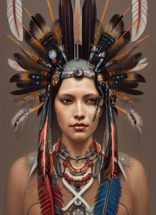 Prompt: seen through a window!! portrait of a cyberpunk machine, machine face, upper half portrait, decorated with feathers, native american, fine china, traditional chinese art, intricate, elegant, highly detailed, headpiece, digital painting, artstation, concept art, smooth, sharp focus, illustration, art by artgerm and greg rutkowski and alphonse mucha, 8 k