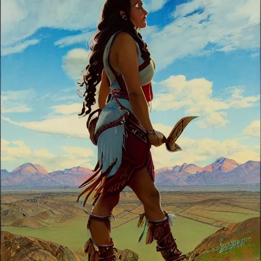 Image similar to full body portrait of young native american woman standing on rock, triumphant, looking up skywards, clothed, norman rockwell, logan maxwell, ryan pancoast, artstation fantasy character